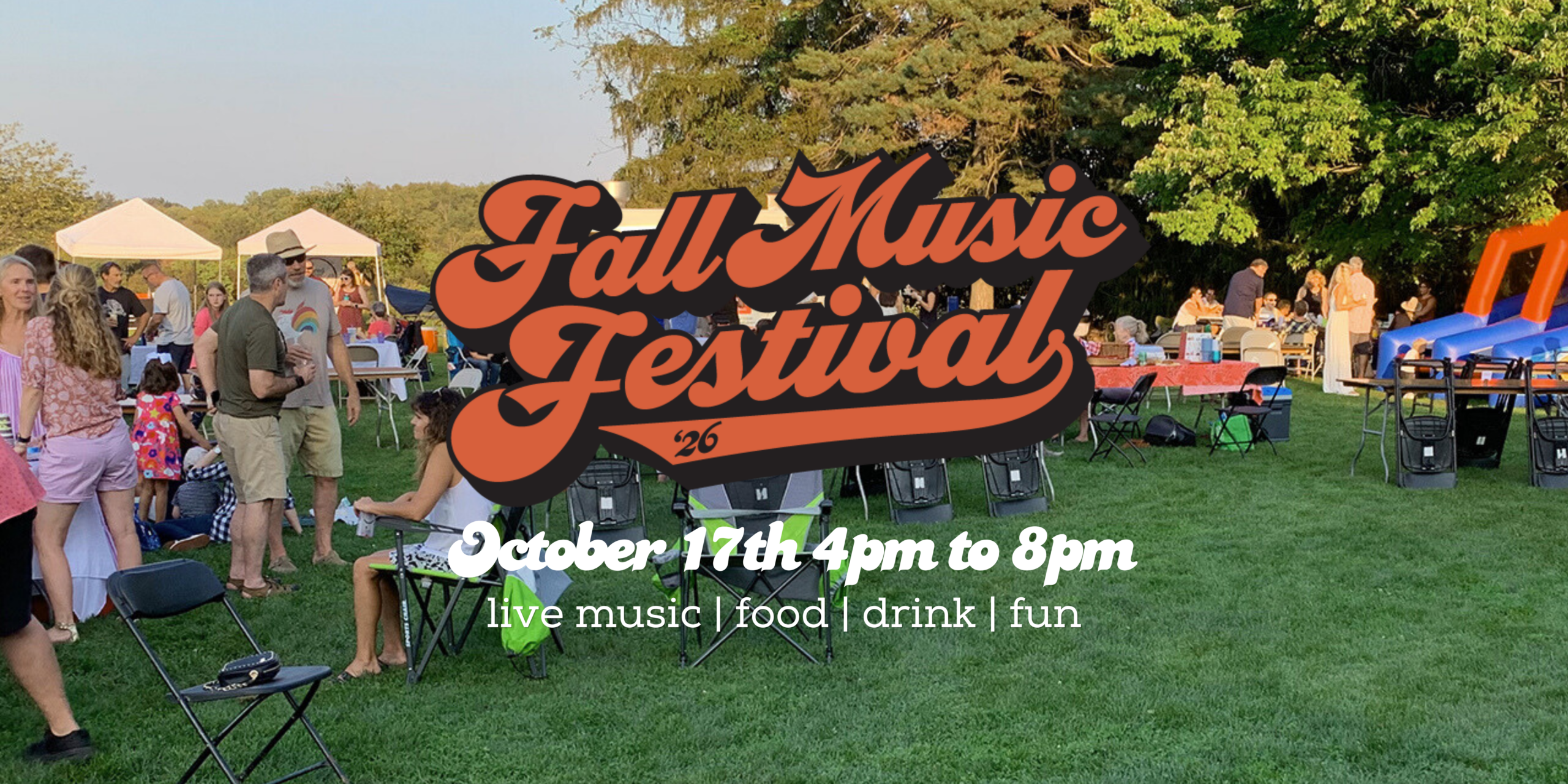 Crowd of families and friends at a park festival with tents, picnic tables, and kids, a large orange Fall Music Festival logo covers the scene.