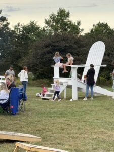 People gathered in a grassy park around a white wooden playground structure with a tall curved slide, children playing nearby.