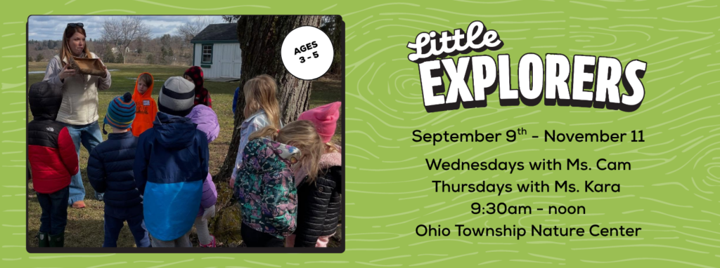 A group of children gathers around a woman reading outside, with a white circle noting Ages 3–5, for Little Explorers program at Ohio Township Nature Center (Sept 9–Nov 11).